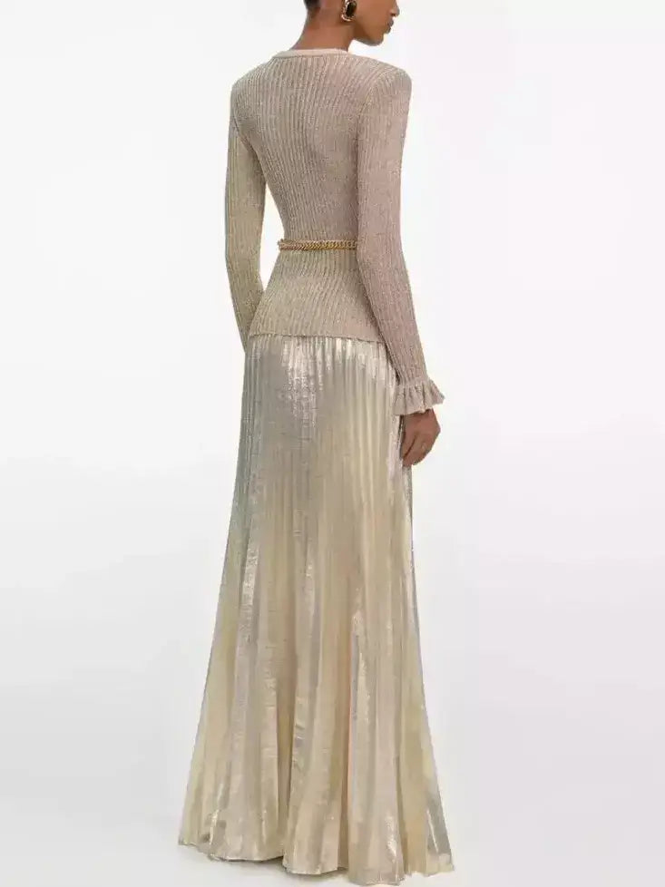 Gold Ribbed Knit Lurex Maxi Dress with Chain Belt - Dresses