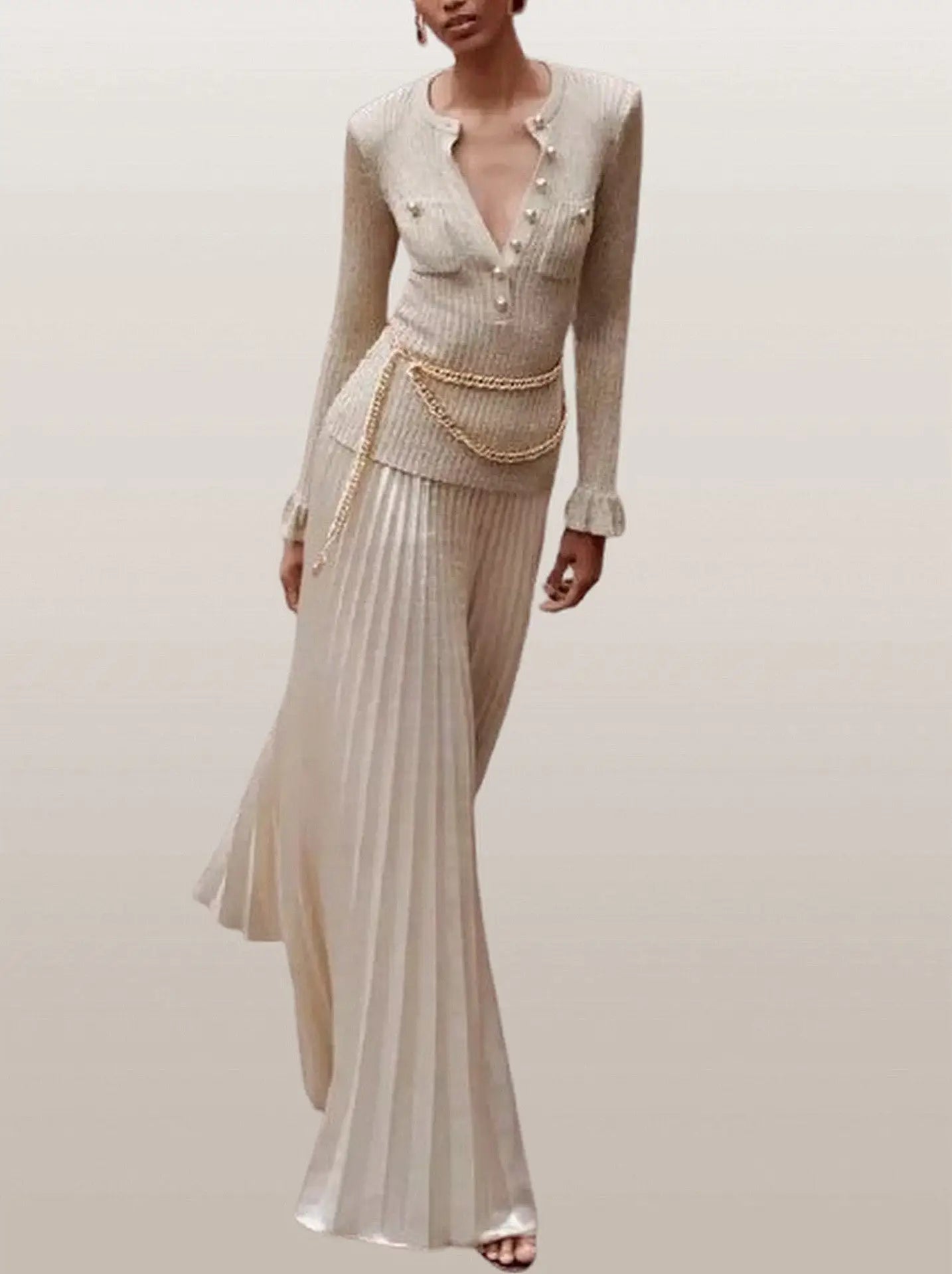 Gold Ribbed Knit Lurex Maxi Dress with Chain Belt - Dresses