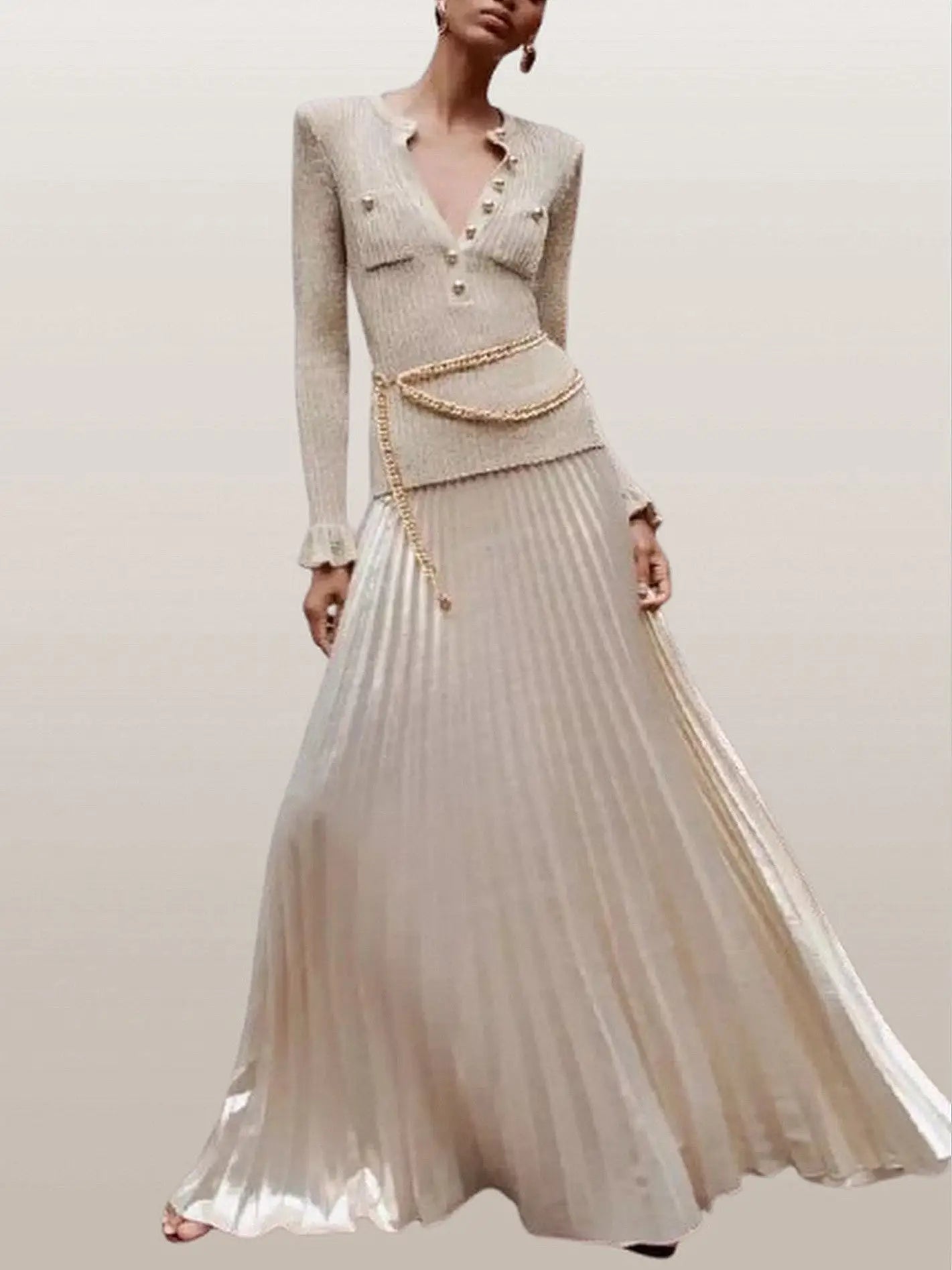 Gold Ribbed Knit Lurex Maxi Dress with Chain Belt - Dresses
