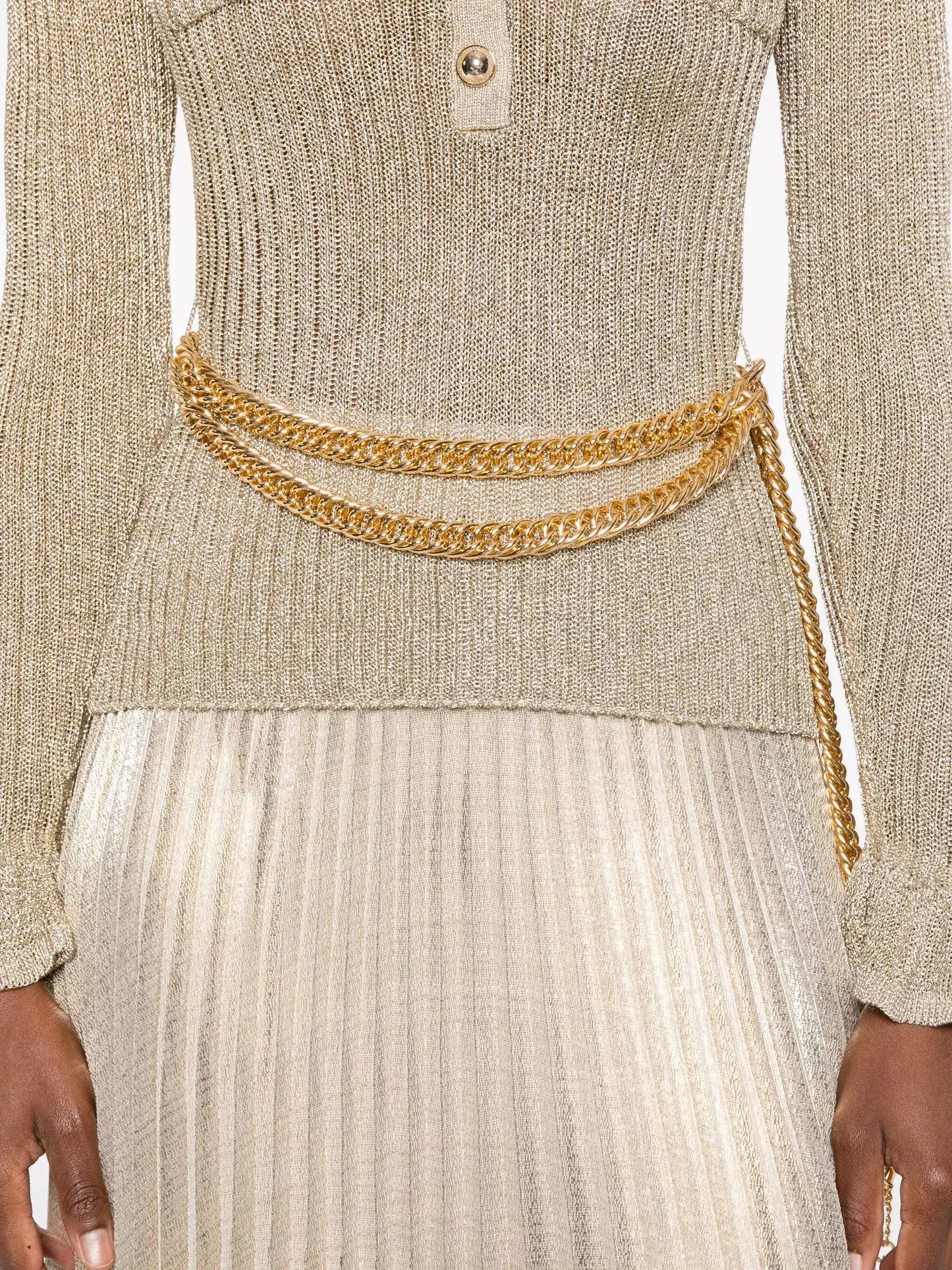 Gold Ribbed Knit Lurex Maxi Dress with Chain Belt - Dresses