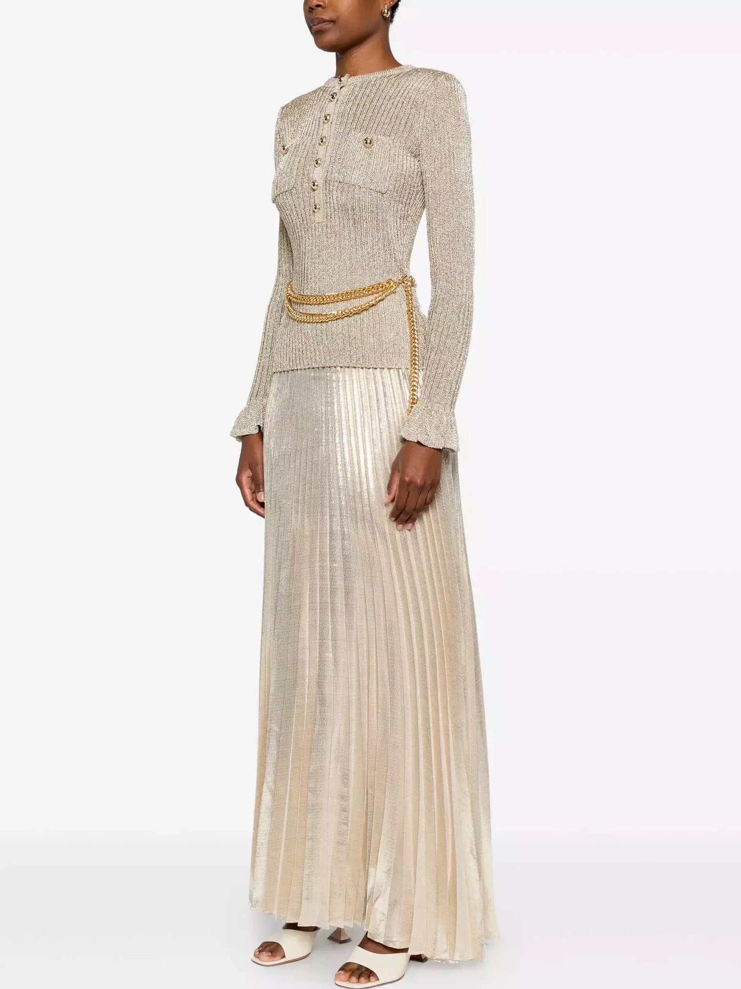 Gold Ribbed Knit Lurex Maxi Dress with Chain Belt - Dresses