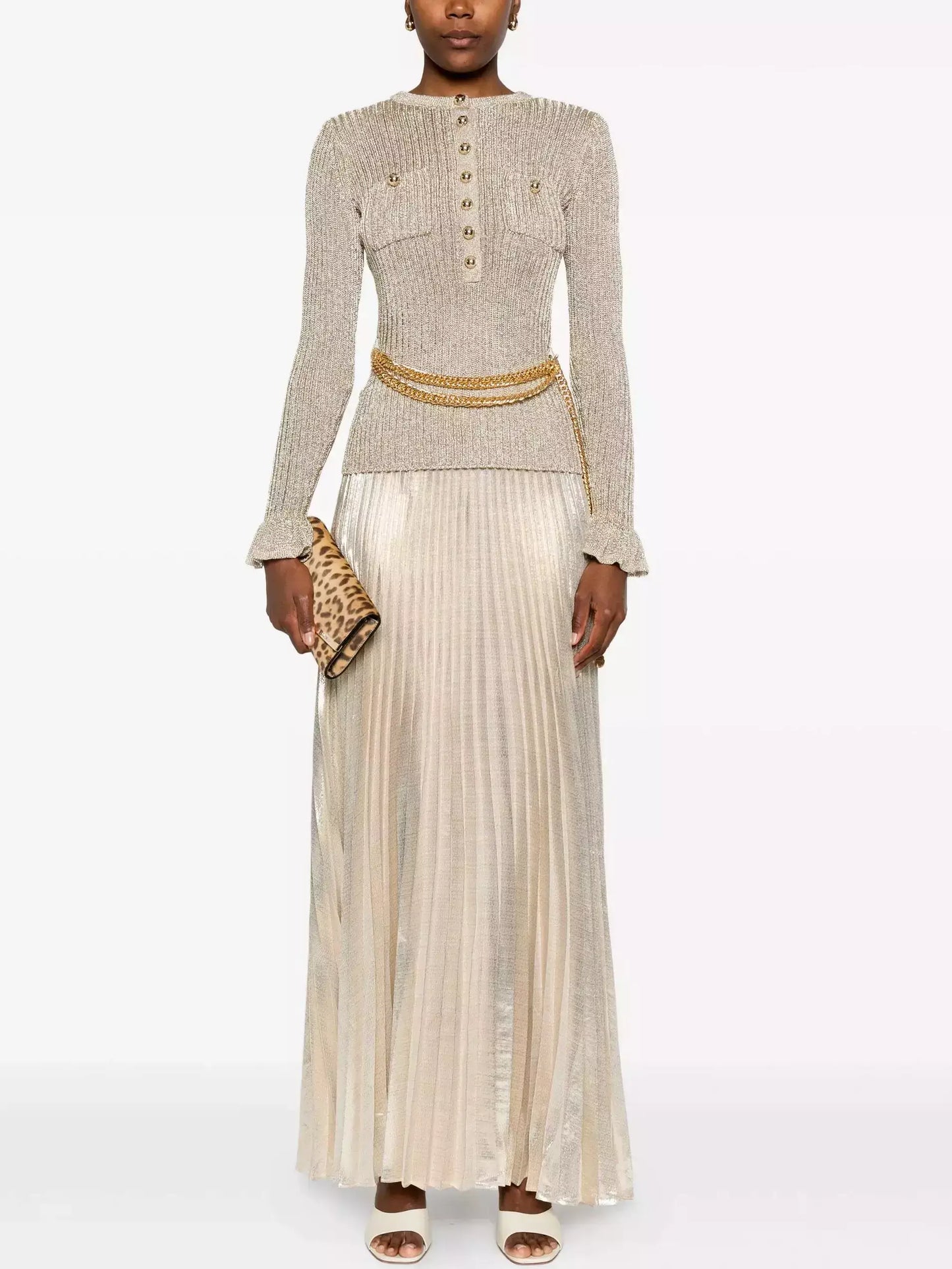 Gold Ribbed Knit Lurex Maxi Dress with Chain Belt - Dresses