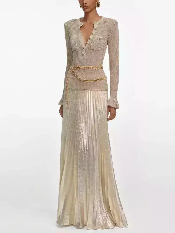 Gold Ribbed Knit Lurex Maxi Dress with Chain Belt - Dresses