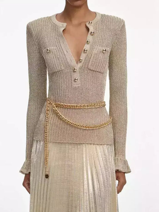 Gold Ribbed Knit Lurex Maxi Dress with Chain Belt - Dresses