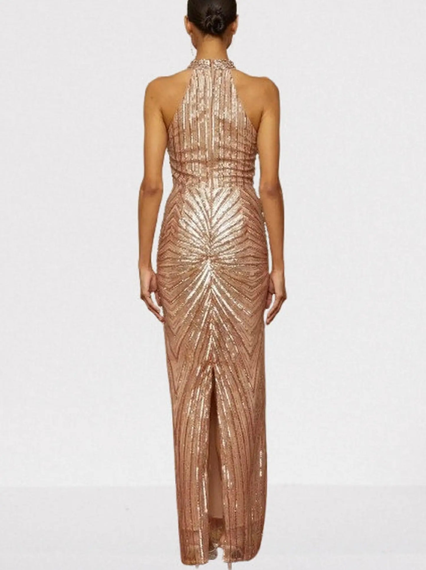 Gold Sequin-Embellished Halterneck Gown - Dresses
