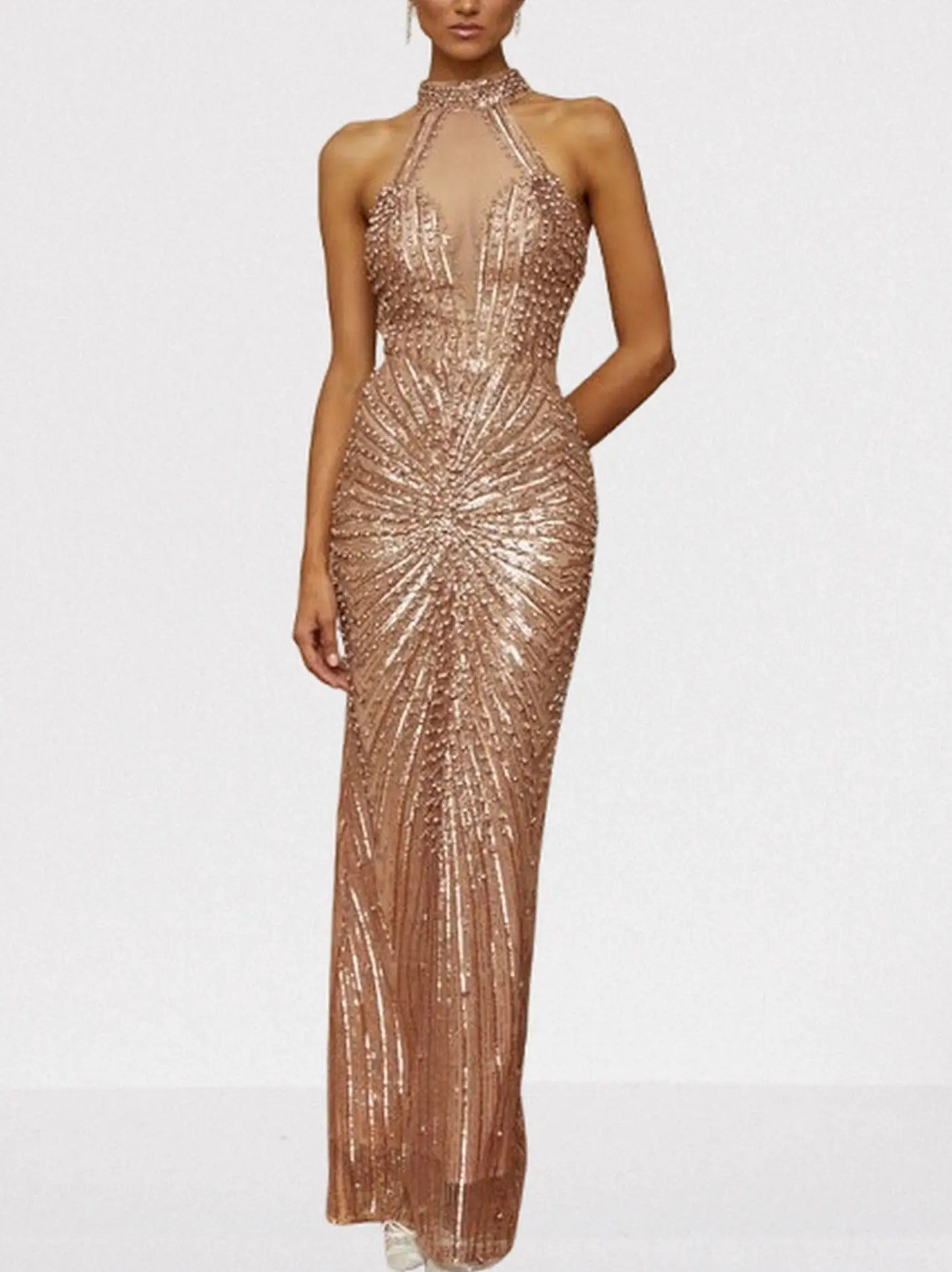 Gold Sequin-Embellished Halterneck Gown - Dresses