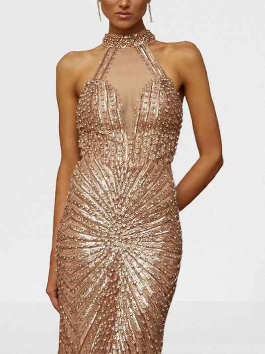 Gold Sequin-Embellished Halterneck Gown - Dresses