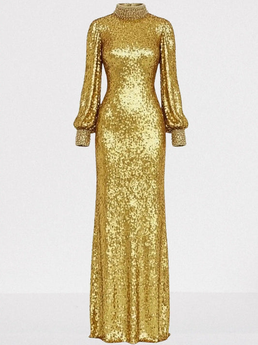 Gold Sequin Long-Sleeve Evening Gown