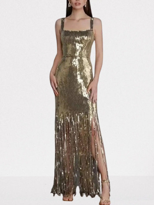 Gold Sequin Sleeveless Fringed Maxi Dress - Dresses