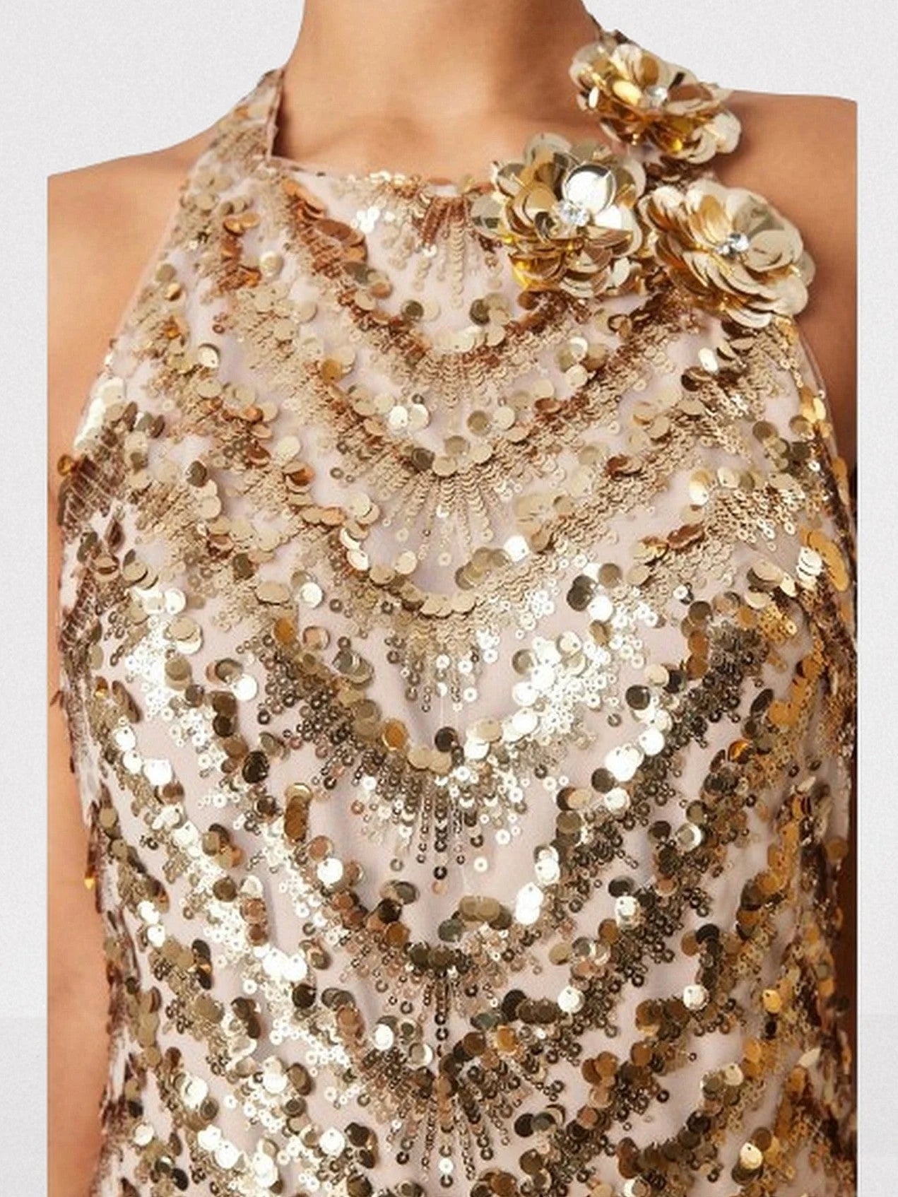 Gold Sequined Halterneck Mini Dress with Appliques - Dresses