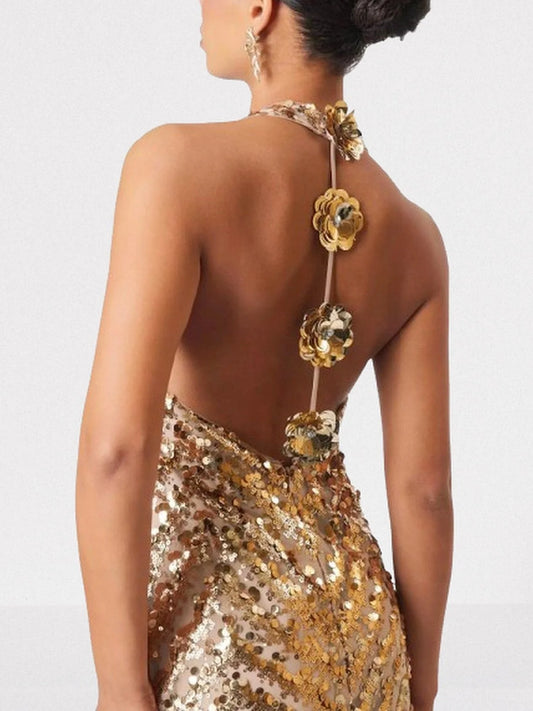 Gold Sequined Halterneck Mini Dress with Appliques - Dresses