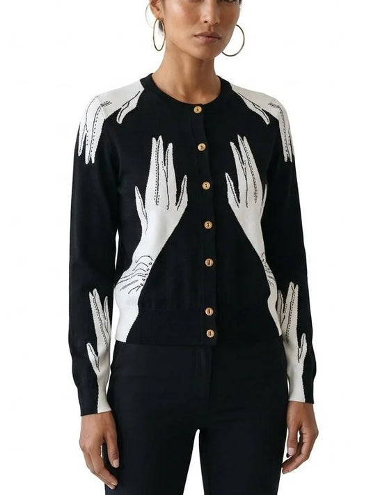 Graphic Hand Motif Wool Cardigan - Sweaters & Knitwear