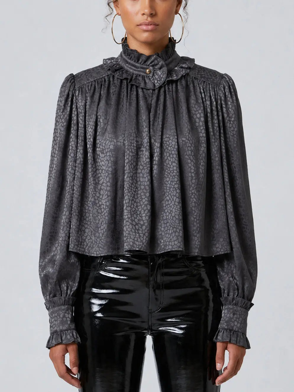 Graphite Ruffle Neck Gathered Blouse