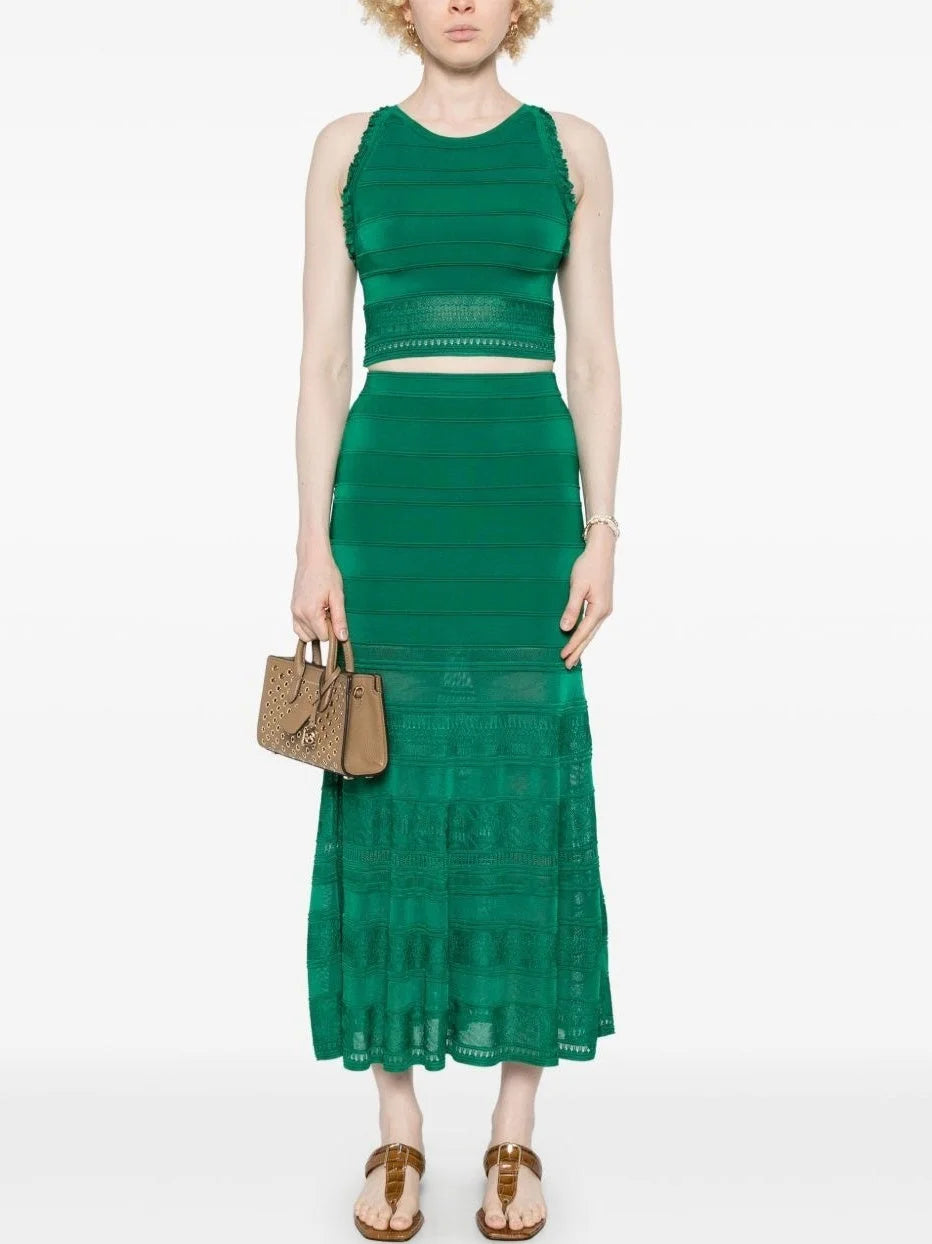 Green Knit Paneled Crop Top and Skirt Set - Suits & Sets