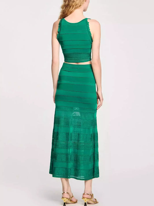 Green Knit Paneled Crop Top and Skirt Set - Suits & Sets