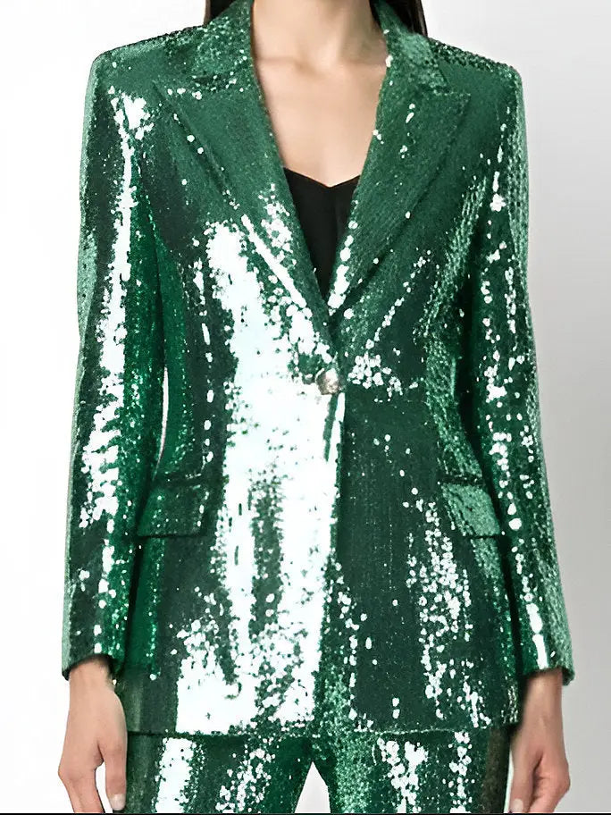 Green Sequin-Embellished Blazer and Pant Suit - Suits & Sets