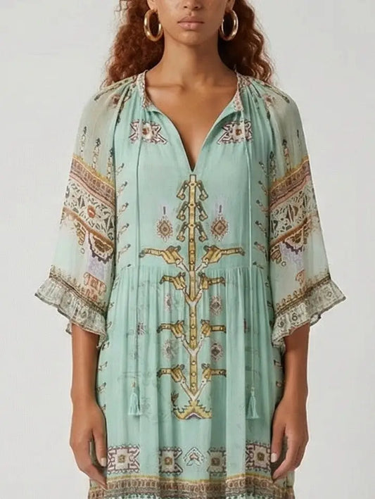 Green Silk Kaftan-Style Maxi Dress with Border Print - Dresses
