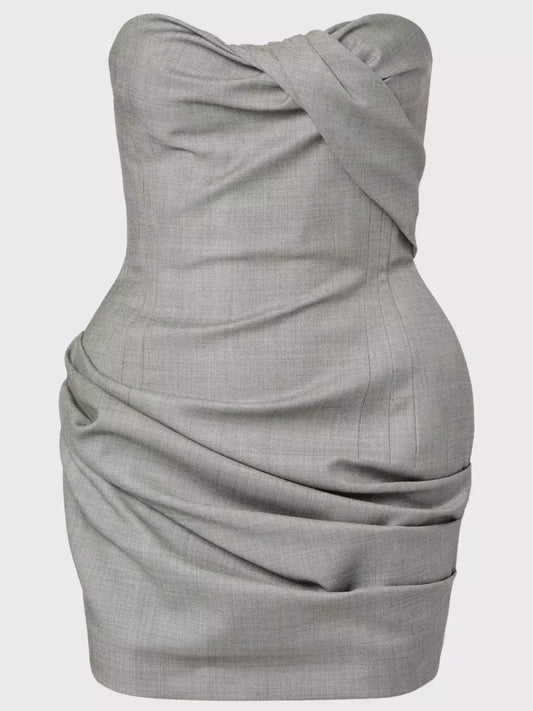 Grey Strapless Draped Ruched Mini Dress - Dresses