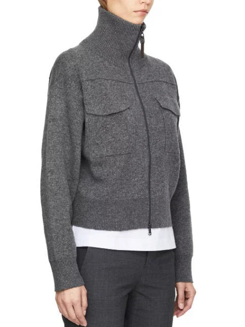Grey Cashmere Knit Jacket with Zipper Pull - Jackets