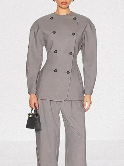 Grey Double-Breasted Balloon-Sleeve Blazer - Jackets