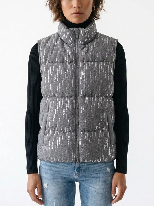 Grey Quilted Vest with Sequin Detailing - Jackets