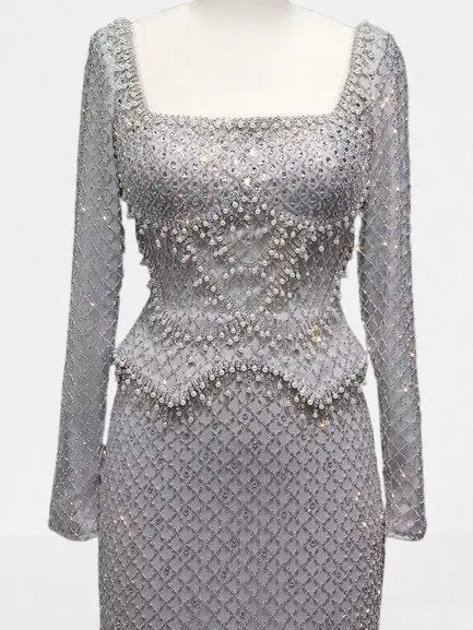 Grey Rhinestone Peplum Evening Gown - Dresses