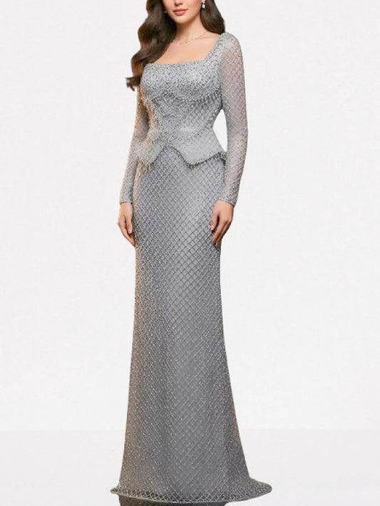 Grey Rhinestone Peplum Evening Gown - Dresses