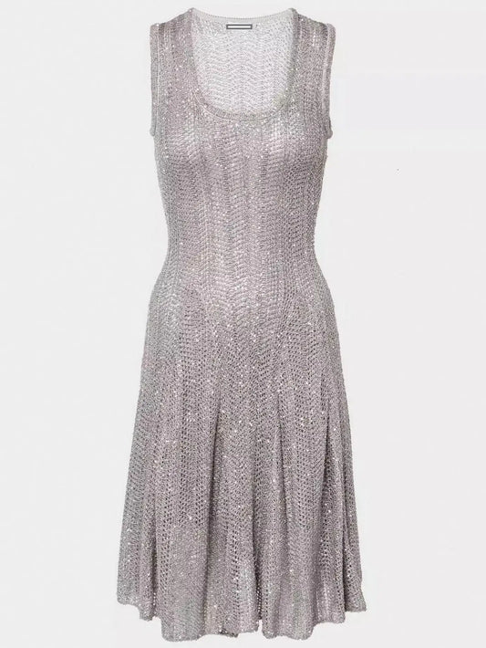 Grey Sequin Knit Fit and Flare Mini Dress - Dresses