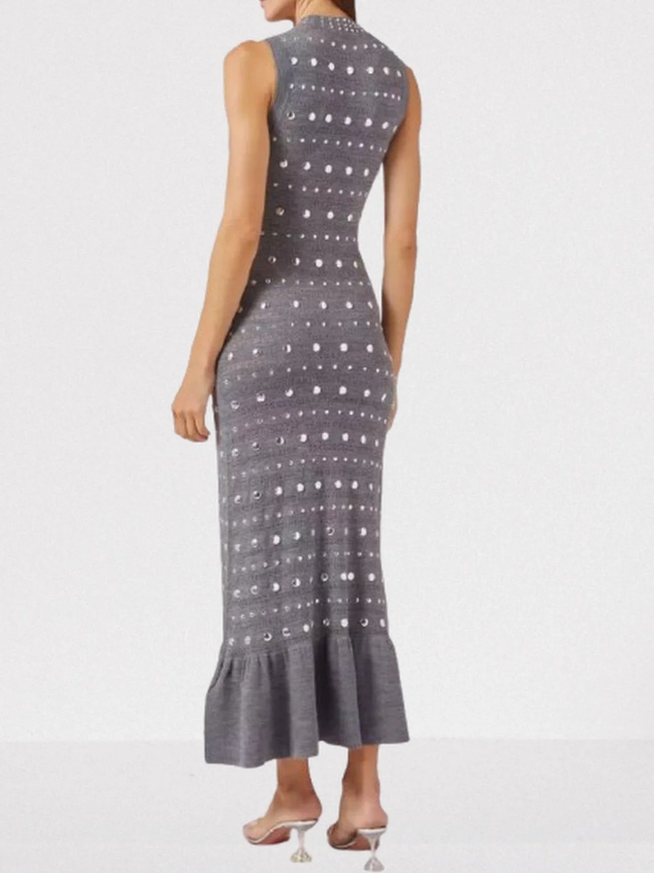 Grey Stretch Knit Stud Embellished Dress Dresses