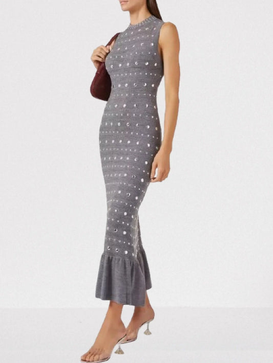 Grey Stretch Knit Stud Embellished Dress Dresses