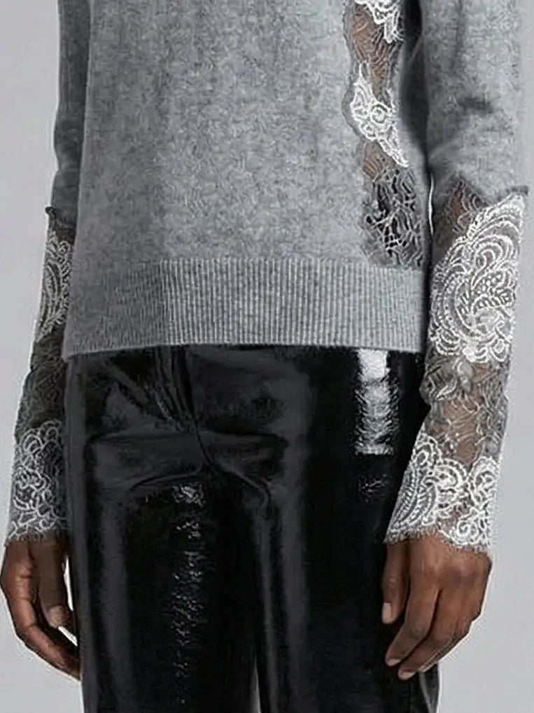 Grey Turtleneck Sweater with Sheer Lace Panels - Sweaters & Knitwear