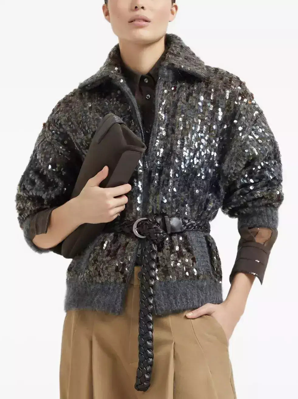 Grey Wool-Mohair Sequin Zip Cardigan Jacket - Jackets