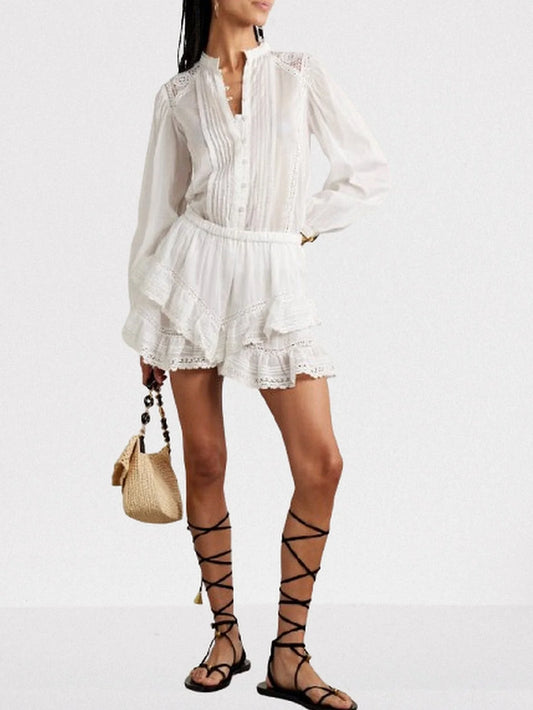 Guipure Lace-Trim Blouse and Ruffled Short Set - Suits & Sets