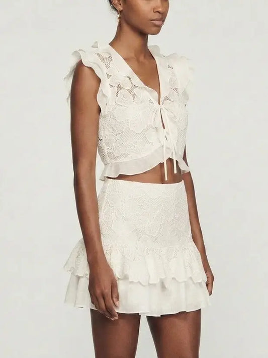 Guipure Lace Ruffle Top and Mini Skirt Set - Suits & Sets