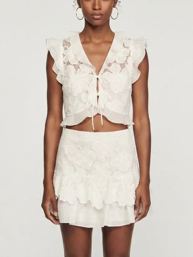 Guipure Lace Ruffle Top and Mini Skirt Set - Suits & Sets