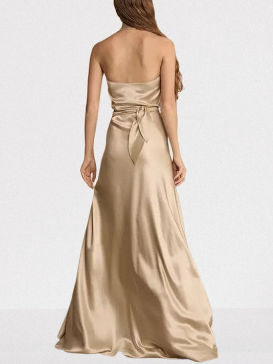 Halterneck Long Satin Champagne Gown - Dresses