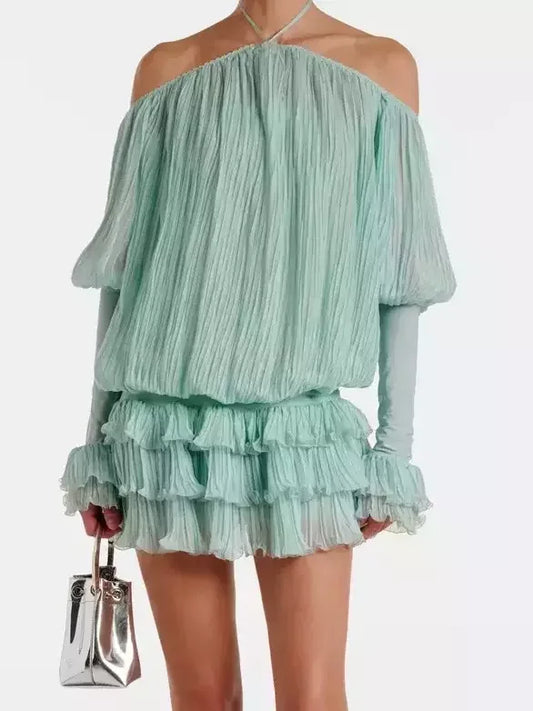 Halterneck Pleated Off Shoulder Mini Dress Dresses