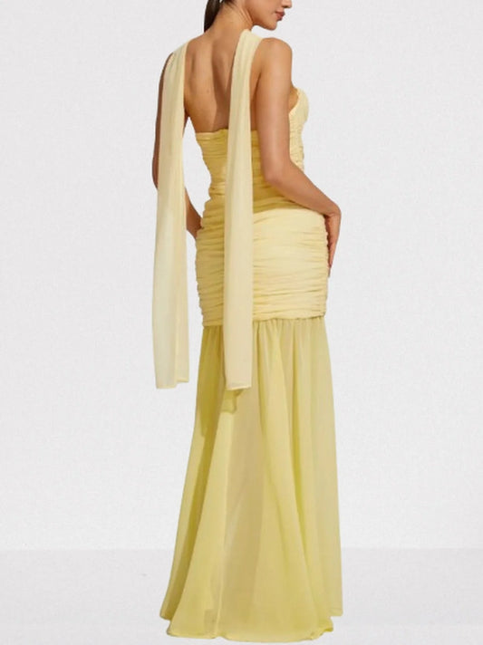 Halterneck Sleeveless Ruched Yellow Gown - Dresses