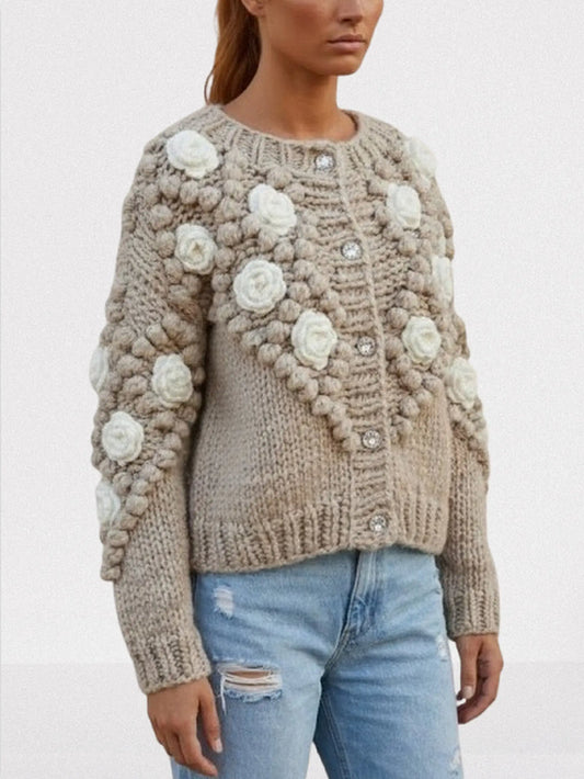 Hand-Knit Floral Appliqué Cardigan with Crystal Buttons - Sweaters & Knitwear