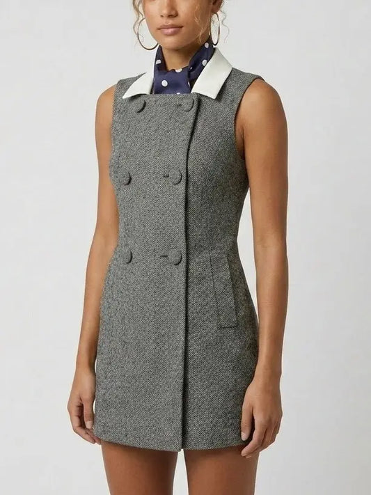Herringbone Double-Breasted Mini Dress with Scarf - Dresses