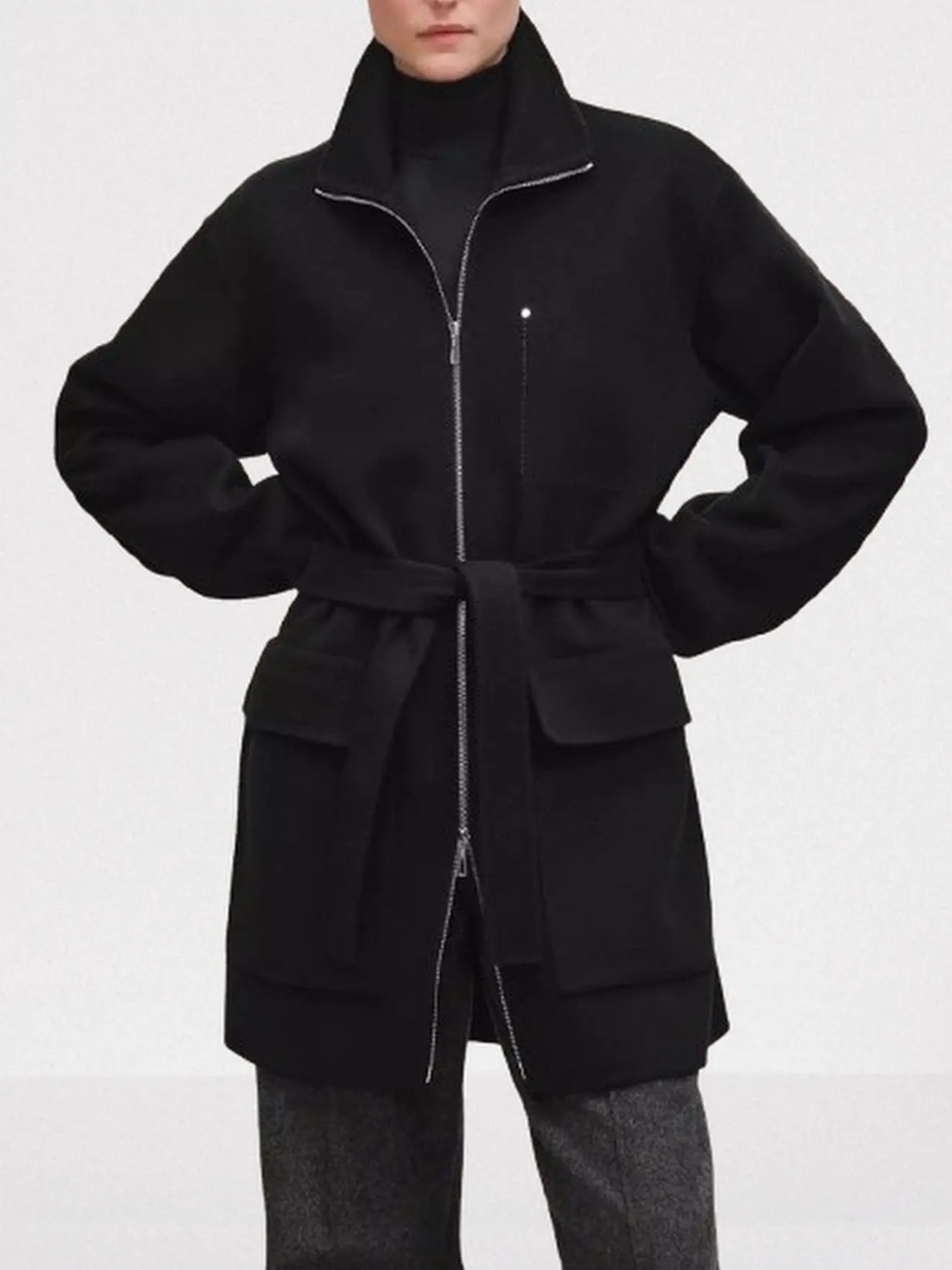 High-Neck Wool & Cashmere Short Coat - Small / Black - Coats