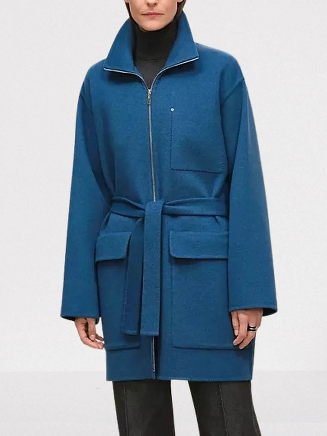 High-Neck Wool & Cashmere Short Coat - Small / Blue - Coats