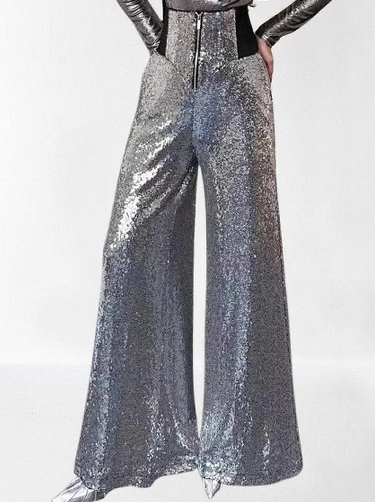 High Waisted Sequined Wide Leg Pants in Black Jeans & Pants