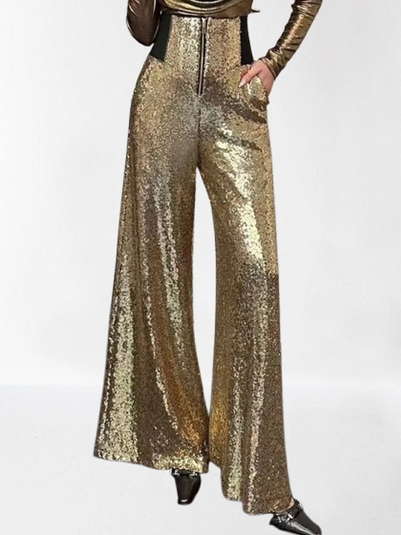 High Waisted Sequined Wide Leg Pants in Black Jeans & Pants