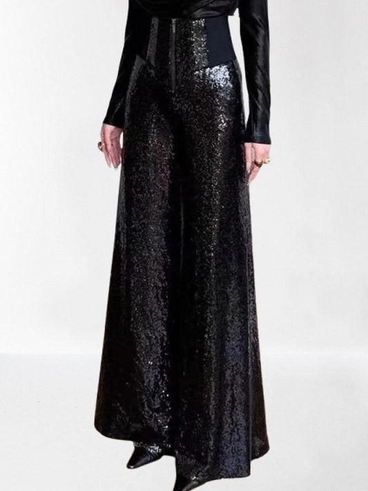 High Waisted Sequined Wide Leg Pants in Black Jeans & Pants