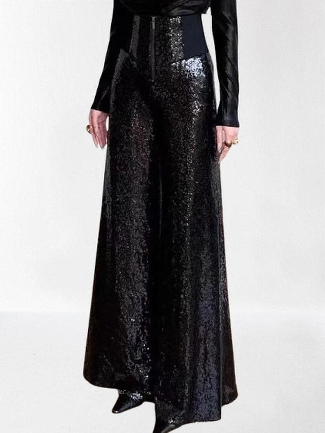 High Waisted Sequined Wide Leg Pants in Gold Jeans & Pants
