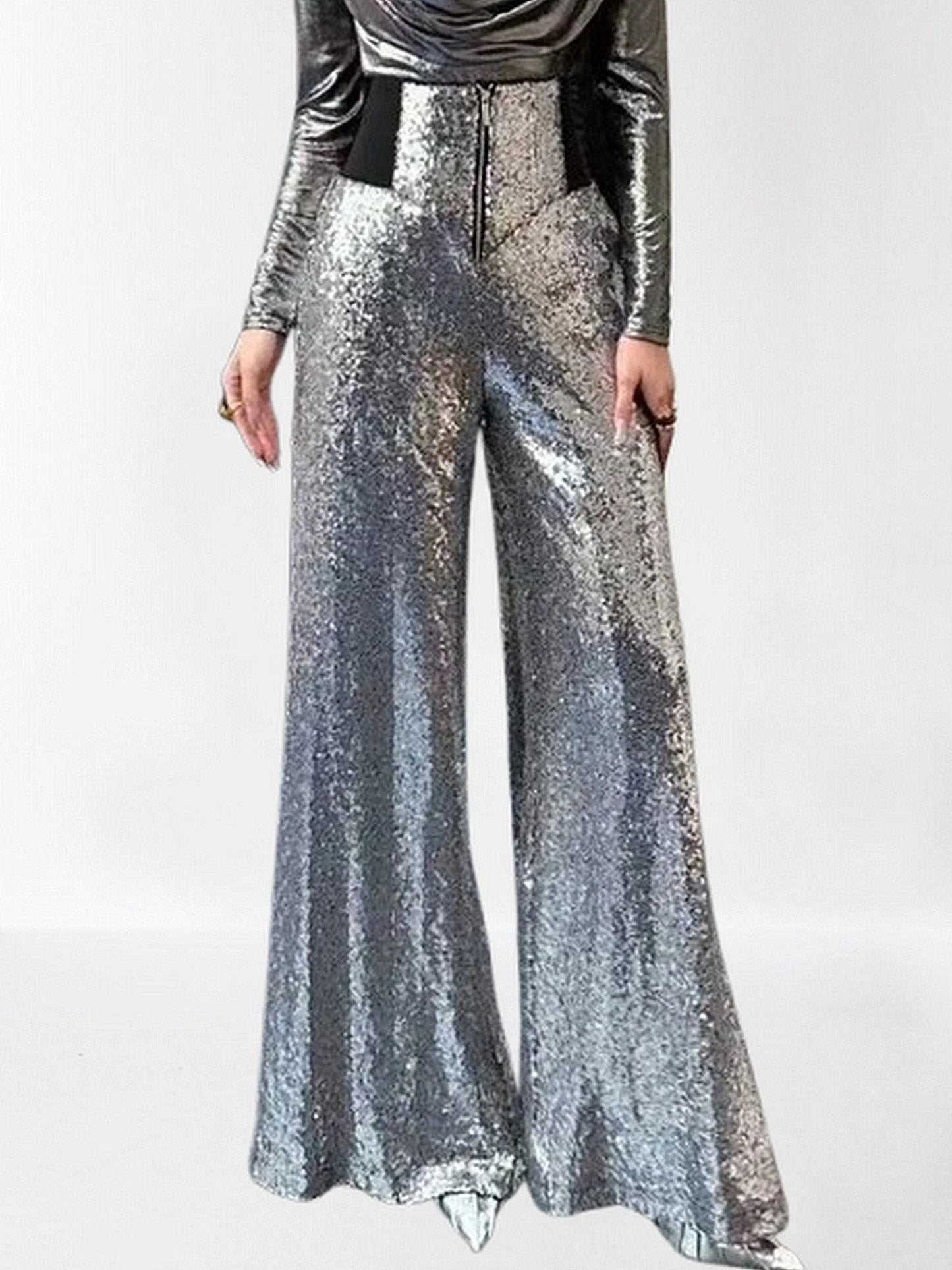 High Waisted Sequined Wide Leg Pants in Gold S / Silver Jeans & Pants