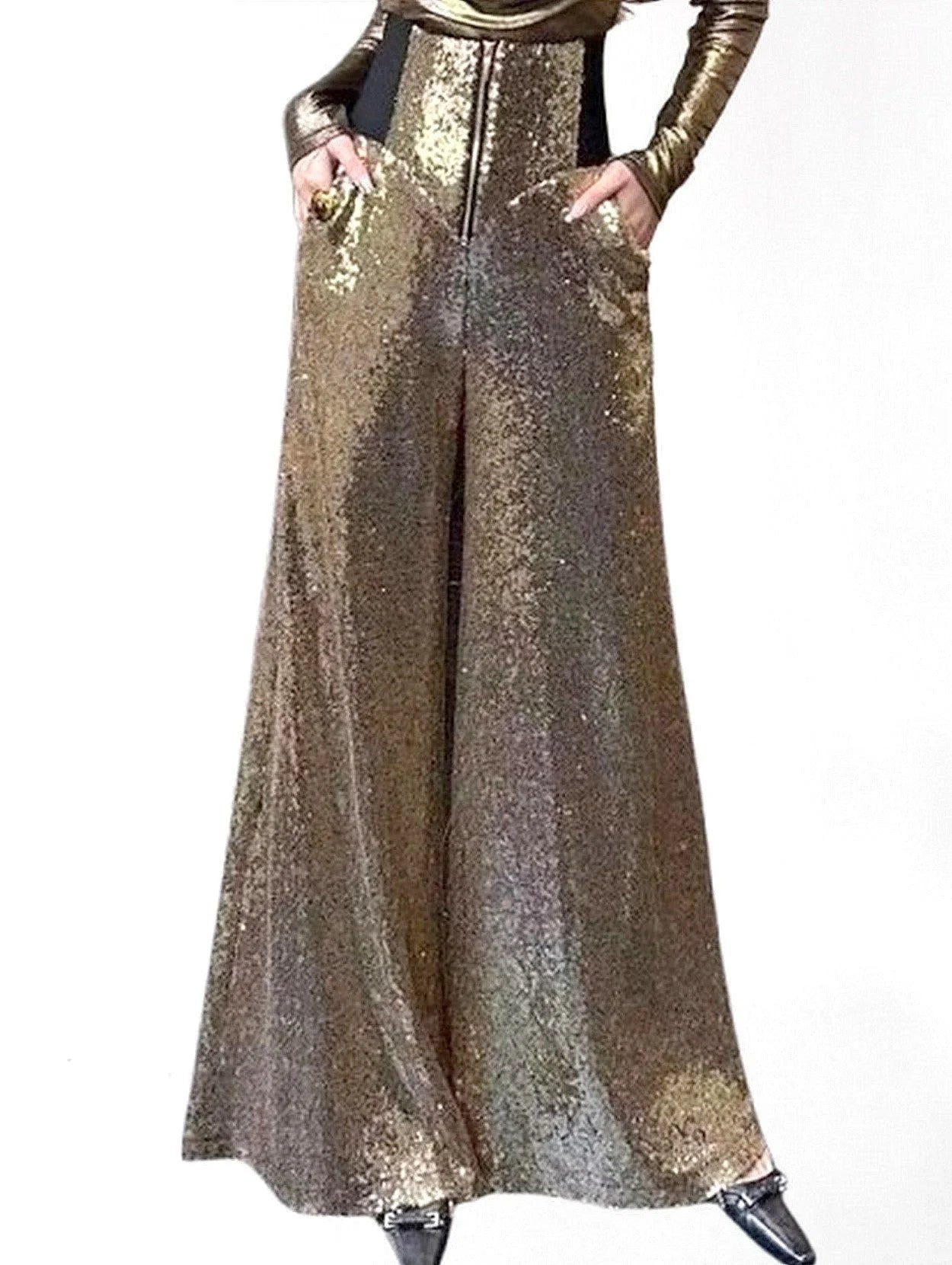 High Waisted Sequined Wide Leg Pants in Gold Jeans & Pants