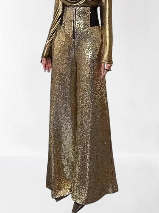 High Waisted Sequined Wide Leg Pants in Gold Jeans & Pants