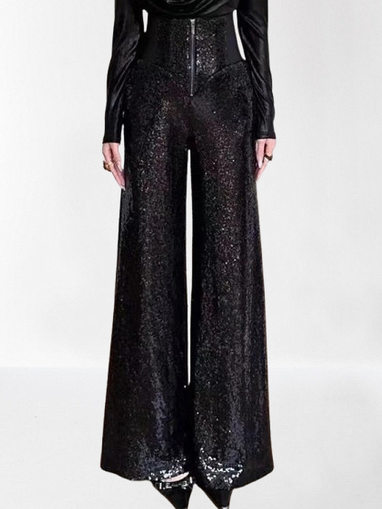 High-Waisted Sequined Wide-Leg Pants in Silver